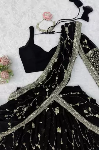 Black Faux Georgette Lehenga Saree For Party & Wedding Wear