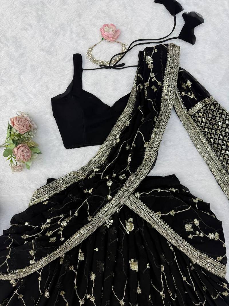 Black Faux Georgette Lehenga Saree For Party & Wedding Wear