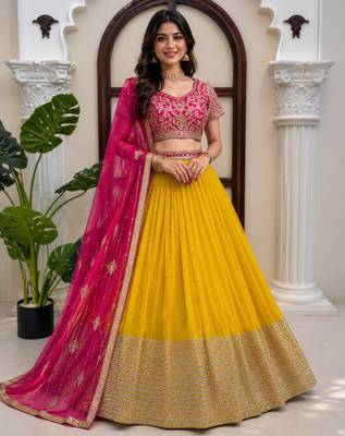 Yellow Faux Georgette Wedding Lehenga Choli With Thread Sequins Work 1