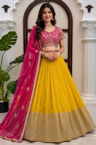 Yellow Faux Georgette Wedding Lehenga Choli With Thread Sequins Work