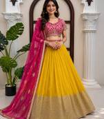 Yellow Faux Georgette Wedding Lehenga Choli With Thread Sequins Work