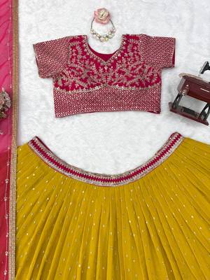 Yellow Faux Georgette Wedding Lehenga Choli With Thread Sequins Work 4
