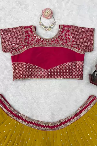 Yellow Faux Georgette Wedding Lehenga Choli With Thread Sequins Work