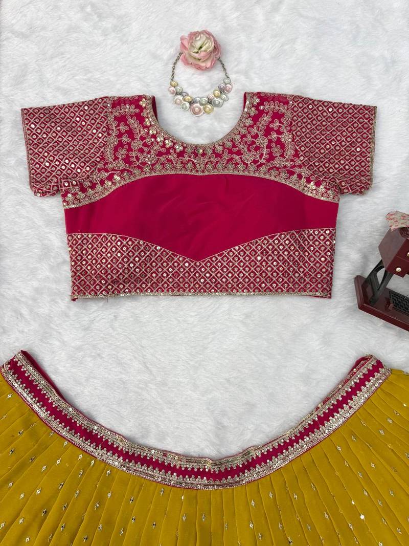 Yellow Faux Georgette Wedding Lehenga Choli With Thread Sequins Work