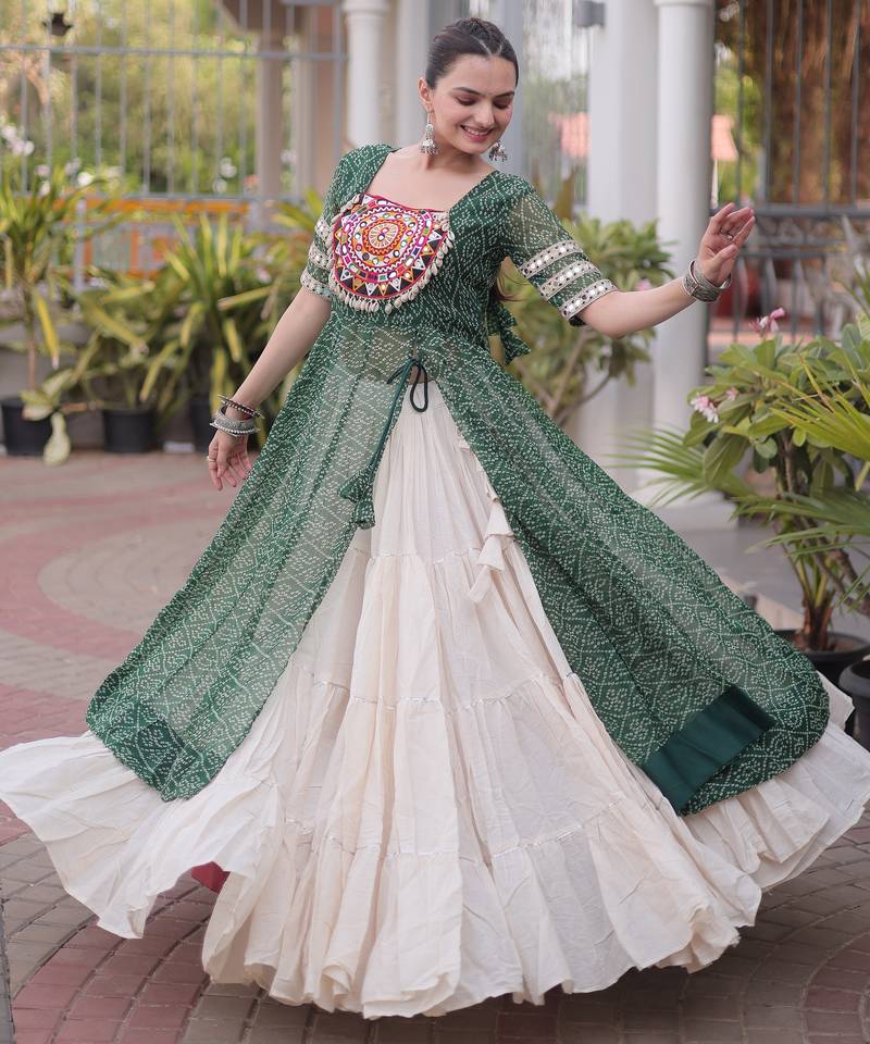 Off White Kora Cotton Chaniya Choli For Navratri Set With Kutchi Patchwork Green Bandhani Kurti For Dandiya Night