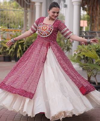 Off White Kora Cotton Chaniya Choli For Navratri Set With Kutchi Patchwork Maroon Bandhani Kurti  1