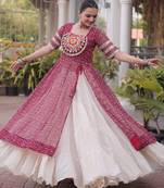 Off White Kora Cotton Chaniya Choli For Navratri Set With Kutchi Patchwork Maroon Bandhani Kurti 