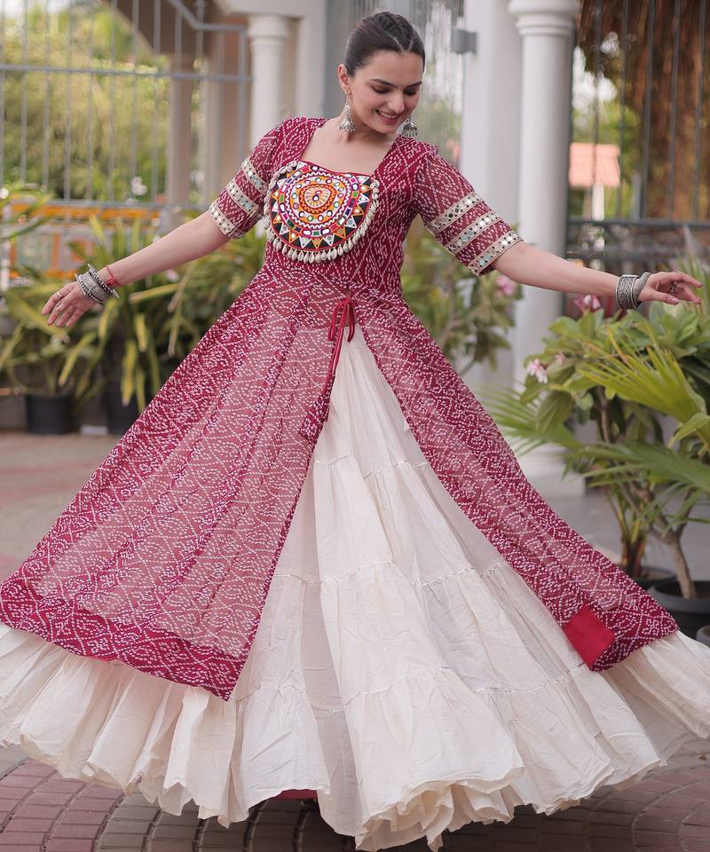 Off White Kora Cotton Chaniya Choli For Navratri Set With Kutchi Patchwork Maroon Bandhani Kurti 