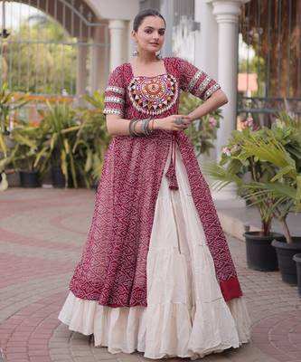 Off White Kora Cotton Chaniya Choli For Navratri Set With Kutchi Patchwork Maroon Bandhani Kurti  3