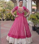 Off White Kora Cotton Chaniya Choli For Navratri Set With Kutchi Patchwork Pink Bandhani Kurti 