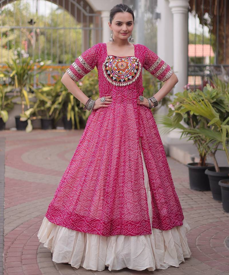 Off White Kora Cotton Chaniya Choli For Navratri Set With Kutchi Patchwork Pink Bandhani Kurti 
