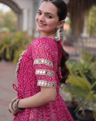 Off White Kora Cotton Chaniya Choli For Navratri Set With Kutchi Patchwork Pink Bandhani Kurti  3