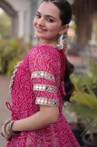 Off White Kora Cotton Chaniya Choli For Navratri Set With Kutchi Patchwork Pink Bandhani Kurti 