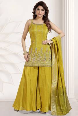 yellow color multi embroiderd festival wear kurta plazzo suit radymade full stich 1