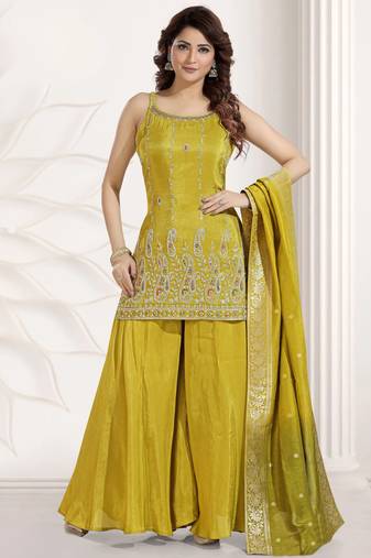 yellow color multi embroiderd festival wear kurta plazzo suit radymade full stich