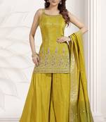 yellow color multi embroiderd festival wear kurta plazzo suit radymade full stich