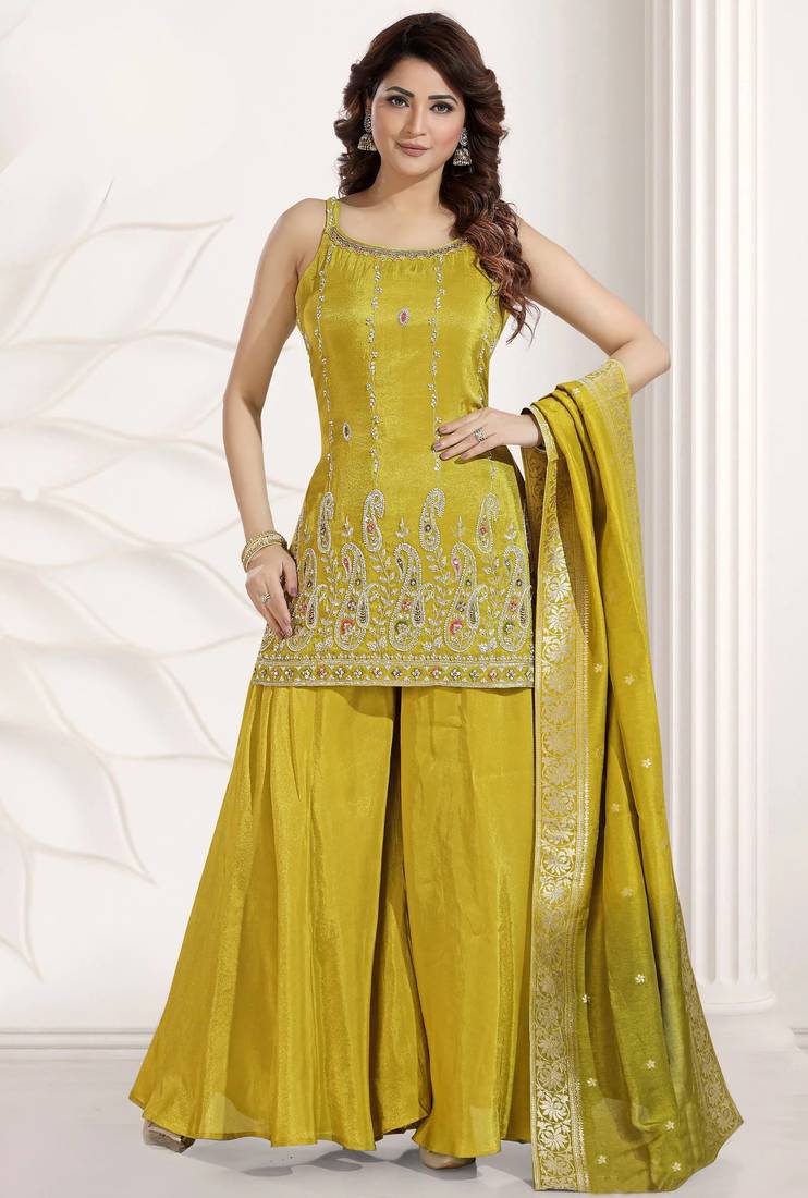 yellow color multi embroiderd festival wear kurta plazzo suit radymade full stich