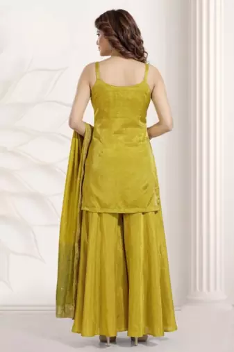 yellow color multi embroiderd festival wear kurta plazzo suit radymade full stich