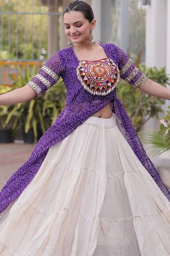 Off White Kora Cotton Chaniya Choli For Navratri Set With Kutchi Patchwork Purple Bandhani Kurti 