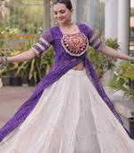 Off White Kora Cotton Chaniya Choli For Navratri Set With Kutchi Patchwork Purple Bandhani Kurti 