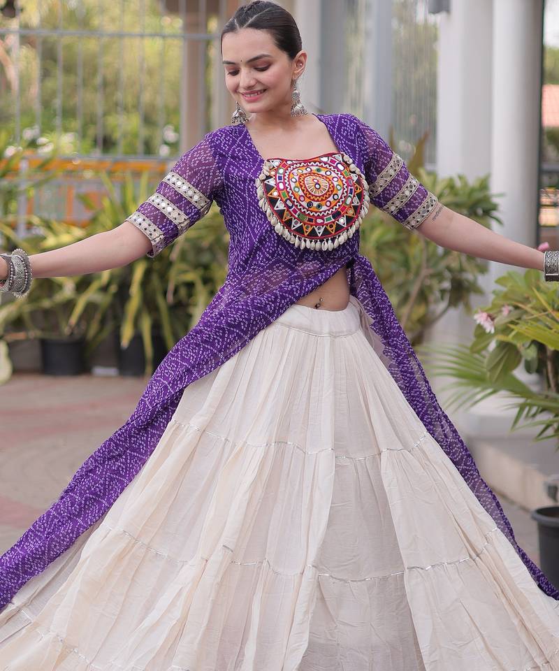 Off White Kora Cotton Chaniya Choli For Navratri Set With Kutchi Patchwork Purple Bandhani Kurti 