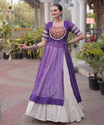 Off White Kora Cotton Chaniya Choli For Navratri Set With Kutchi Patchwork Purple Bandhani Kurti  2