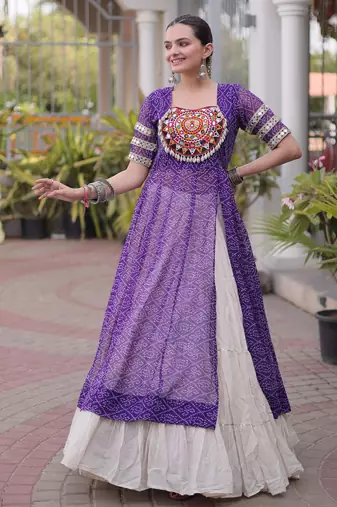 Off White Kora Cotton Chaniya Choli For Navratri Set With Kutchi Patchwork Purple Bandhani Kurti 