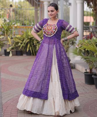 Off White Kora Cotton Chaniya Choli For Navratri Set With Kutchi Patchwork Purple Bandhani Kurti  3