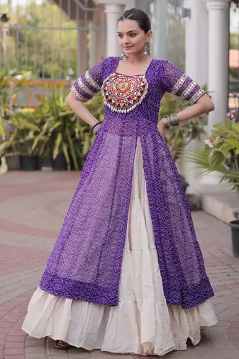 Off White Kora Cotton Chaniya Choli For Navratri Set With Kutchi Patchwork Purple Bandhani Kurti 