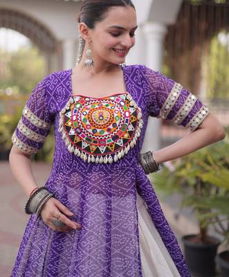 Off White Kora Cotton Chaniya Choli For Navratri Set With Kutchi Patchwork Purple Bandhani Kurti  5