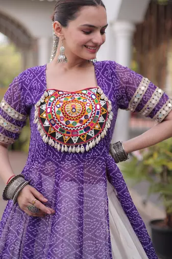 Off White Kora Cotton Chaniya Choli For Navratri Set With Kutchi Patchwork Purple Bandhani Kurti 