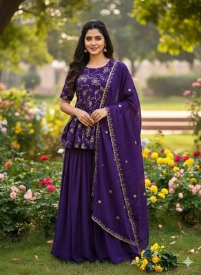 purple color zari embroidered silk blend  readymade short kurta plazzo set with dupatta  1
