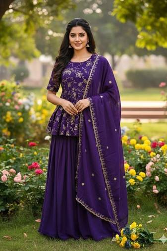 purple color zari embroidered silk blend  readymade short kurta plazzo set with dupatta 