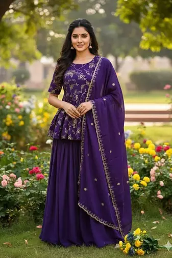 purple color zari embroidered silk blend  readymade short kurta plazzo set with dupatta 
