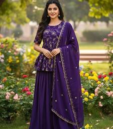 purple color zari embroidered silk blend  readymade short kurta plazzo set with dupatta 