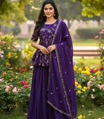 purple color zari embroidered silk blend  readymade short kurta plazzo set with dupatta 