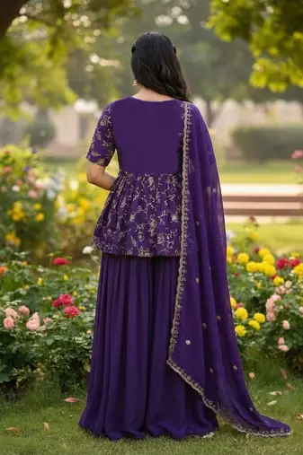 purple color zari embroidered silk blend  readymade short kurta plazzo set with dupatta 