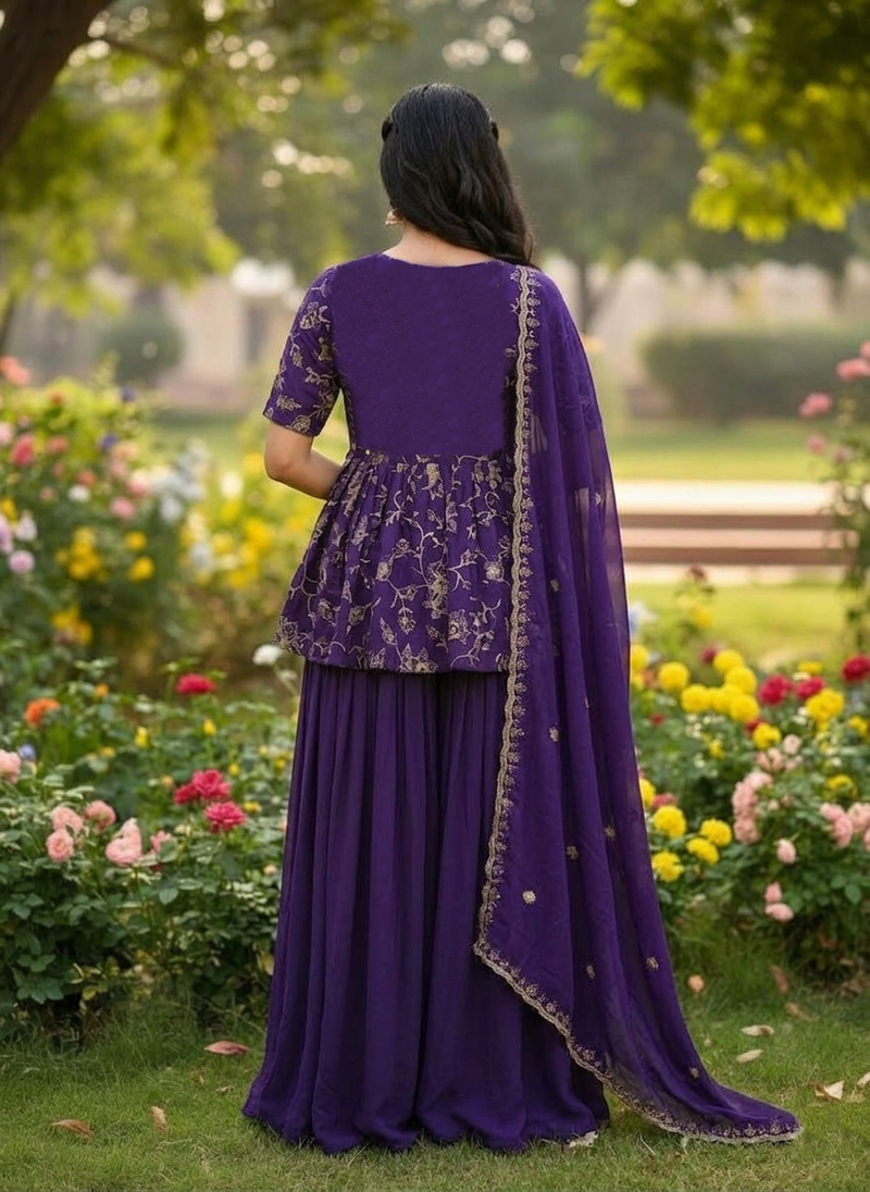 purple color zari embroidered silk blend  readymade short kurta plazzo set with dupatta 