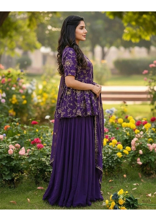 purple color zari embroidered silk blend  readymade short kurta plazzo set with dupatta  3