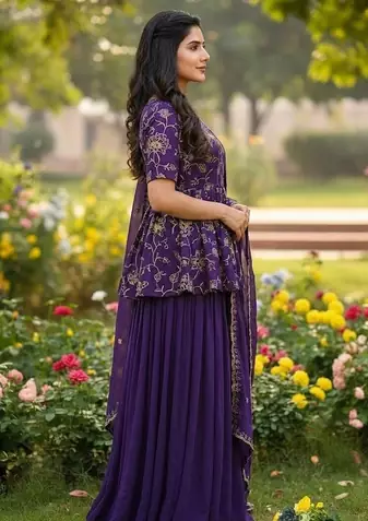 purple color zari embroidered silk blend  readymade short kurta plazzo set with dupatta 