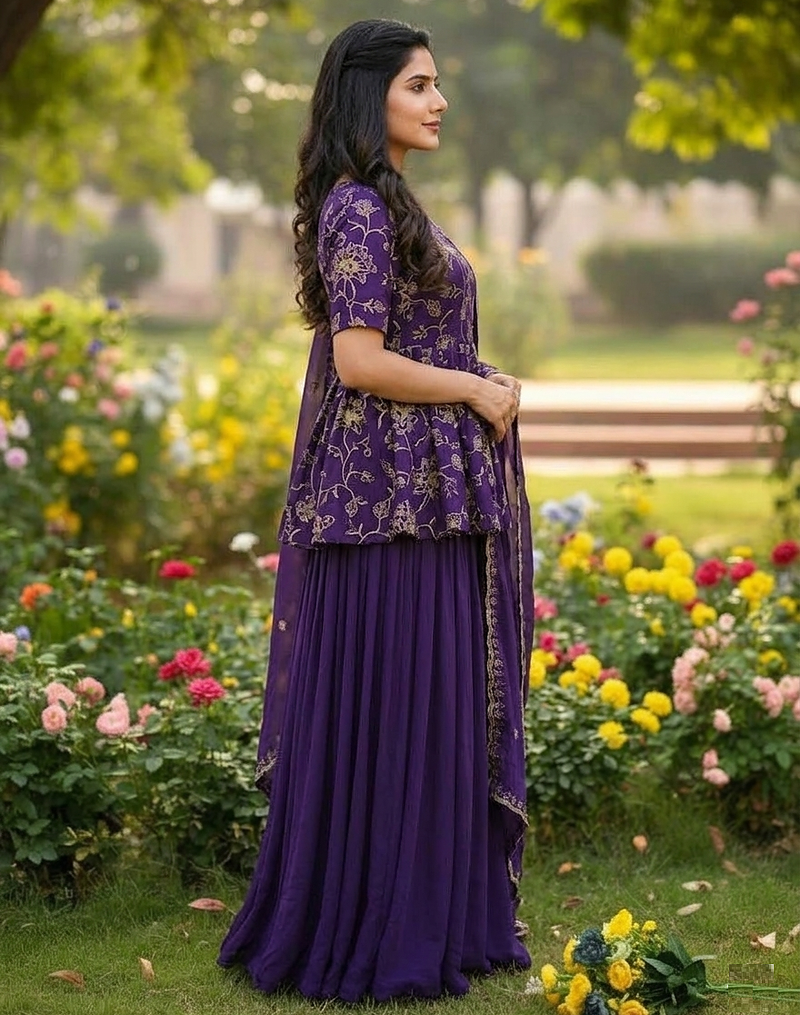 purple color zari embroidered silk blend  readymade short kurta plazzo set with dupatta 