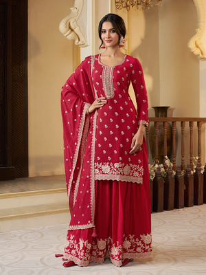 red embroidered chinon plazzo suit readymade wedding wear kurta plazzo with dupatta set 1