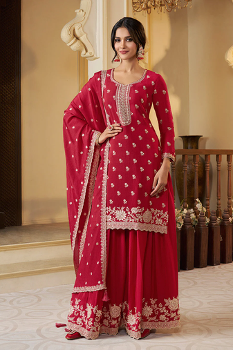 red embroidered chinon plazzo suit readymade wedding wear kurta plazzo with dupatta set