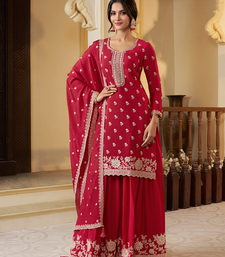 red embroidered chinon plazzo suit readymade wedding wear kurta plazzo with dupatta set