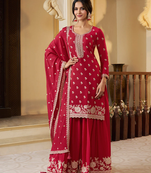 red embroidered chinon plazzo suit readymade wedding wear kurta plazzo with dupatta set