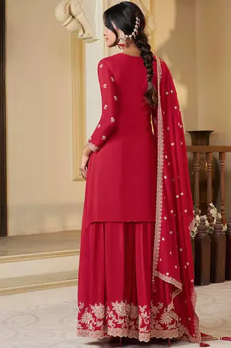 red embroidered chinon plazzo suit readymade wedding wear kurta plazzo with dupatta set