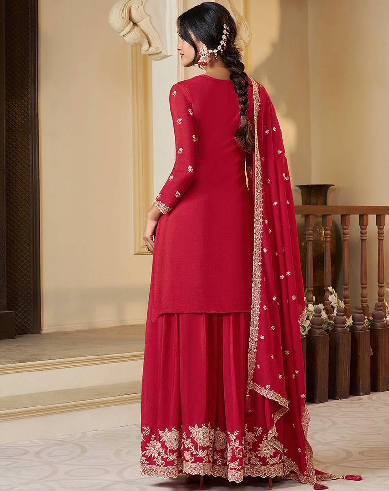 red embroidered chinon plazzo suit readymade wedding wear kurta plazzo with dupatta set