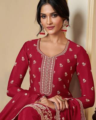 red embroidered chinon plazzo suit readymade wedding wear kurta plazzo with dupatta set 3