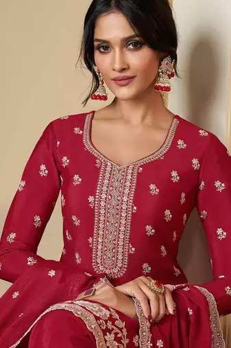 red embroidered chinon plazzo suit readymade wedding wear kurta plazzo with dupatta set