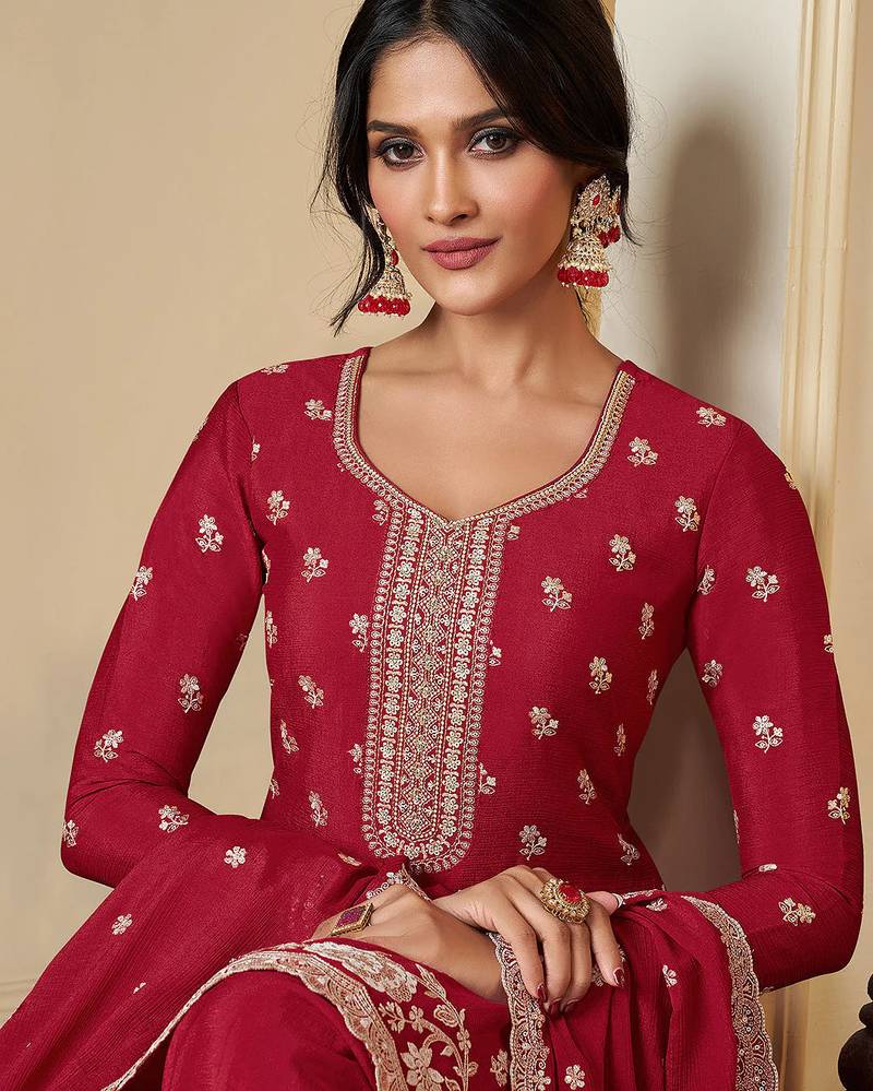 red embroidered chinon plazzo suit readymade wedding wear kurta plazzo with dupatta set